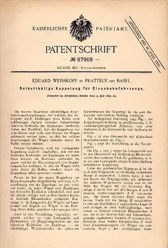 Original Patent - Eduard Weisskopf in Pratteln b. Basel , 1892 , Kupplung für Eisenbahn , Liestal !!!