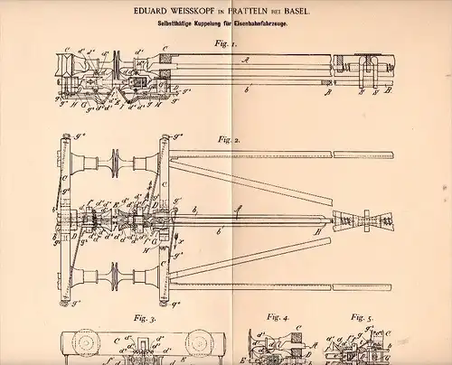 Original Patent - Eduard Weisskopf in Pratteln b. Basel , 1892 , Kupplung für Eisenbahn , Liestal !!!