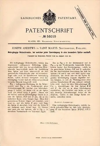 Original Patent -J. Andrews in Saint Marys , Southampton , 1890 , more common wood screw , England , saint mary 's !!!