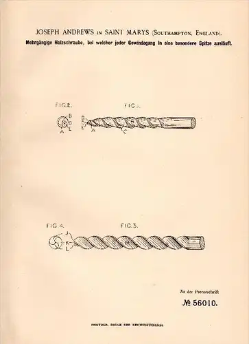 Original Patent -J. Andrews in Saint Marys , Southampton , 1890 , more common wood screw , England , saint mary 's !!!