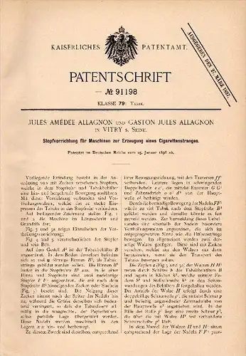 Original Patent - J.A. Allagnon dans Vitry sur Seine , 1896 , Appareil pour la fabrication de cigarettes , de tabac !!!