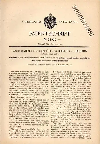 Original Patent -L. Baffrey in Julienhütte b. Bobrek b. Beuthen ,1889, Schachtofen für Zink , Bytom , Oberschlesien , OS