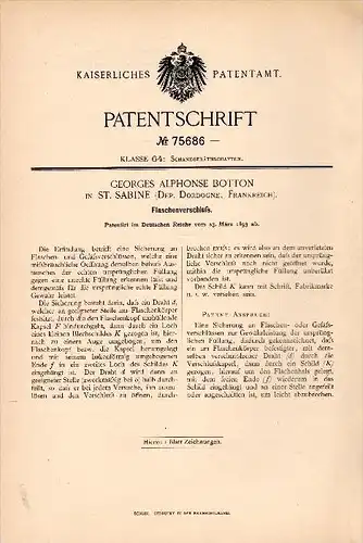 Original Patent - G.A. Botton dans Sainte Sabine , Dordogne , 1893 , bouteille de fermeture !!!