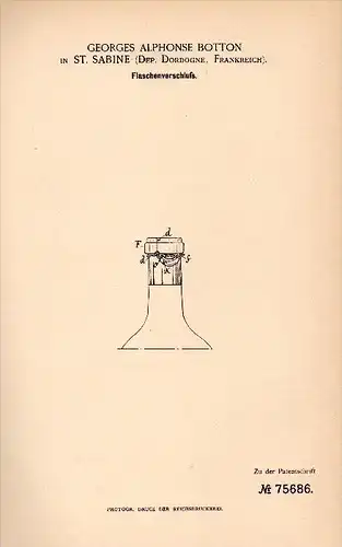 Original Patent - G.A. Botton dans Sainte Sabine , Dordogne , 1893 , bouteille de fermeture !!!