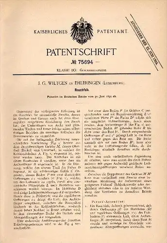 Original Patent - J.G. Wiltgen in Ehleringen , Luxemburg , 1893 , Rauchfaß , Rauchen , Sassenheim , Beles , Zolwer !!