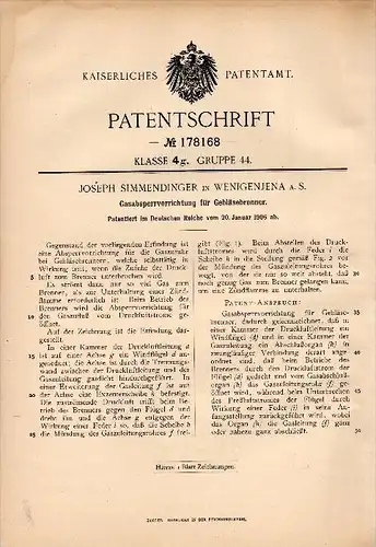 Original Patent - J. Simmendinger in Wenigenjena b. Jena a.S., 1906 , Apparat für Gebläsebrenner , Gasbrenner !!!