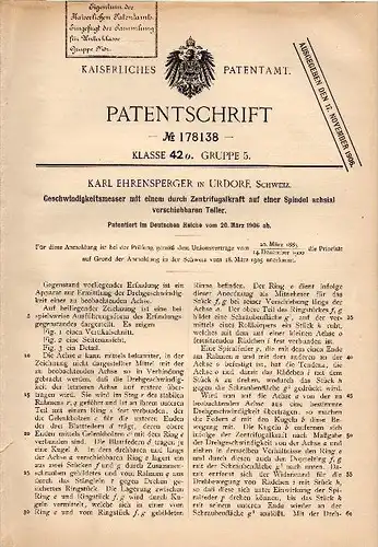 Original Patent - Karl Ehrensperger in Urdorf b. Dietikon , 1906 , Geschwindigkeitsmesser , Tachometer , Zürich !!!