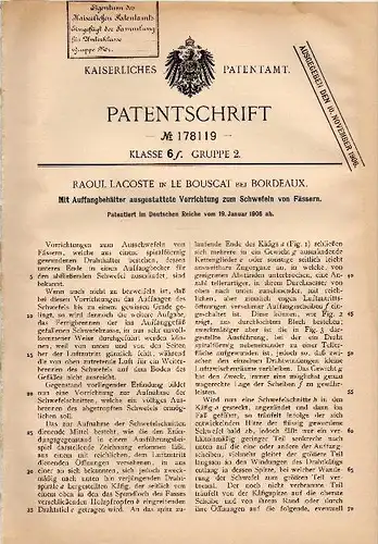 Original Patent - Raoul Lacoste dans Le Bouscat à Bordeaux , 1906 , Dispositif de barils , le soufre !!!