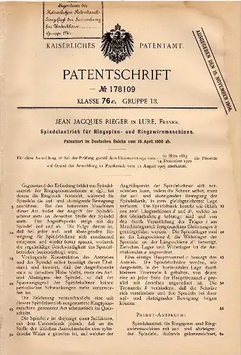Original Patent - Jean Jaques Rieger dans Lure , Haute-Saône , 1906 , Conduisez la machine pour la filature !!!
