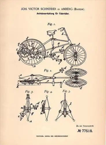 Original Patent - Joh. Victor Schneider in Amberg , 1894 , Antrieb für Fahrrad , bicycle , Bayern !!!