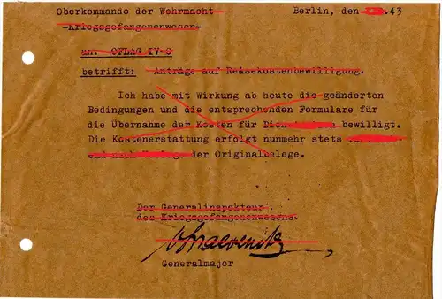 OFLAG IV C , Brief vom OKW - Generalmajor , 1943 , Wehrmacht , Colditz , Gefangenenlager , camp de Prisonniers , !!!
