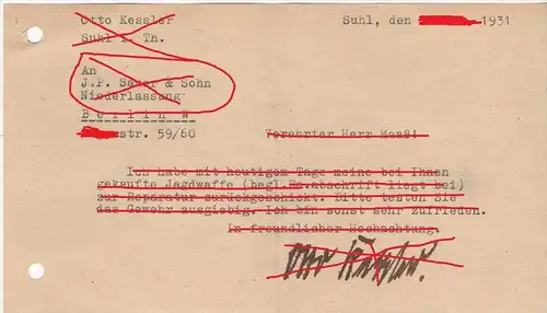 J.P. Sauer & Sohn , Brief von Otto Kessler , Suhl 1931 , Gewehr , Jagdwaffe , Jagd !!!