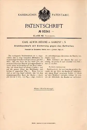 Original Patent - Carl Alwin Riehme in Kamenz i.S. ,1897 , Stahlbandmaß mit Sicherung , Bandmaß !!!