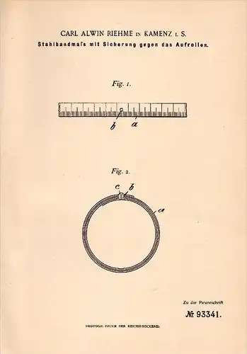 Original Patent - Carl Alwin Riehme in Kamenz i.S. ,1897 , Stahlbandmaß mit Sicherung , Bandmaß !!!