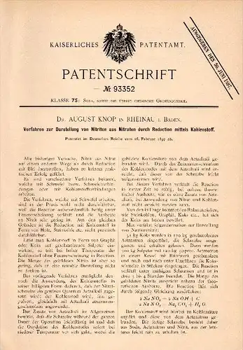 Original Patent - Dr. August Knop in Rheinau i. Baden , 1897 , Darstellung von Nitriten , Chemie , Labor !!!