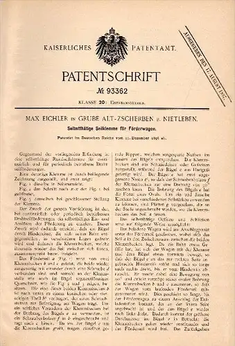 Original Patent - Max Eichler in Grube Alt - Zscherben b. Nietleben ,1896, Klemme für Förderwagen , Lore , Teutschenthal