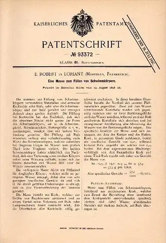 Original Patent - E. Robert dans Lorient , 1896 , Revêtements pour flotteur, gilet de sauvetage, la vie , Morbihan !!!