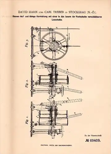 Original Patent - David Hahn und Carl Treiber in Stockerau b. Wien , 1892 , Riemenvorrichtung für Maschinen !!!