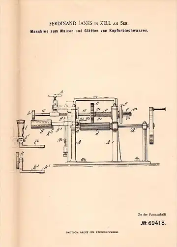 Original Patent - Ferdinand Janes in Zell am See , 1892 , Maschine zum Walzen von Kupferblech , Kupfer , Metallbau !!!
