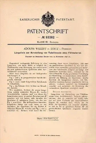 Original Patent - Adolph Willert in Loitz in Mecklenburg , 1896 , Tabellensatz - Herstellung , Druckerei , Buchdruck !!!