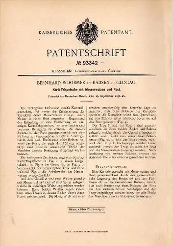 Original Patent - Bernhard Schirmer in Rabsen b. Glogau , 1896 , Kartoffelquetsche , Landwirtschaft , Agrar !!!