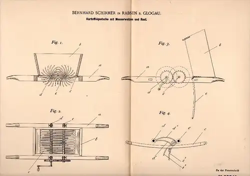 Original Patent - Bernhard Schirmer in Rabsen b. Glogau , 1896 , Kartoffelquetsche , Landwirtschaft , Agrar !!!