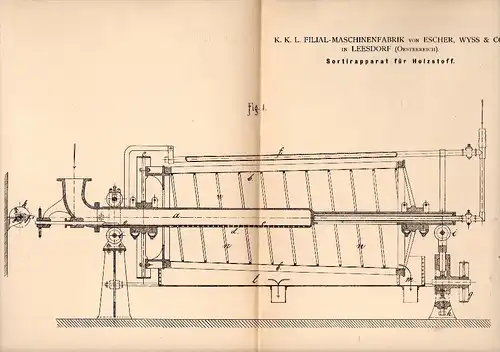 Original Patent - Escher , Wyss  & Co in Leesdorf b. Baden , 1884 , Sortierapparat für Holzstoff !!!