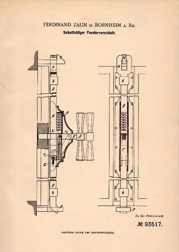Original Patent - Ferdinand Zaun in Bornheim a. Rhein , 1895 , Verschluss für Fenster , Fensterbau !!!