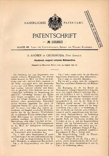 Original Patent -S. Kröber in Großröda b Starkenberg , 1897 , saugende Melkmaschine , Landwirtschaft , Tierzucht !!!
