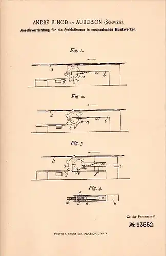 Original Patent - André Junod in Auberson b. Sainte Croix ,1896, Apparat für mechanische Musikwerke , Instrument , Musik