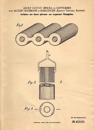 Original Patent -A.G. Jericka in Gottlieben und A. Eggimann in Ermatingen ,1888, Klärung , Hefe , Brauerei , Kreuzlingen