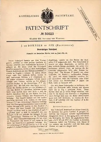 Original Patent - J. de Bornier dans Aix , 1884 , vélos à trois roues !!!