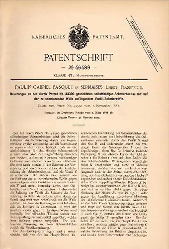 Original Patentschrift - P.G. Pasquet dans Sermaises , Loiret , 1888 , Lubrification des machines !!!