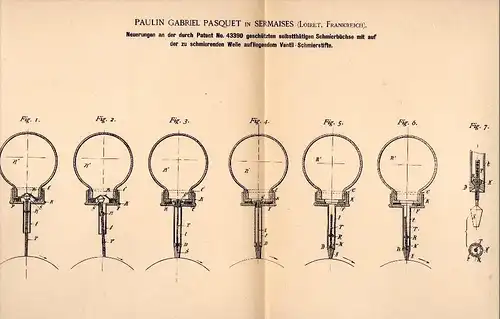 Original Patentschrift - P.G. Pasquet dans Sermaises , Loiret , 1888 , Lubrification des machines !!!