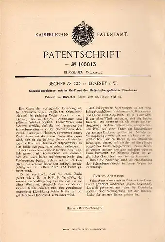 Original Patentschrift - Becher & Co in Eckesey b. Hagen , 1898 , Schraubenschlüssel , Werkstatt , Werkzeug !!!