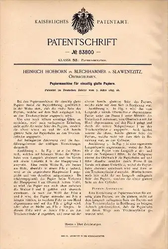 Original Patentschrift -H. Hoeborn in Blechhammer b. Slawentzitz ,1895, Papiermaschine , Slawiecice