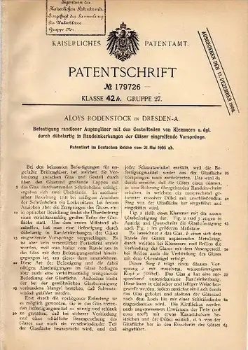 Original Patentschrift - Aloys Rodenstock in Dresden , 1905, Brille , Gestell , Fielmann , Rodenstock , Apollo , Brillen
