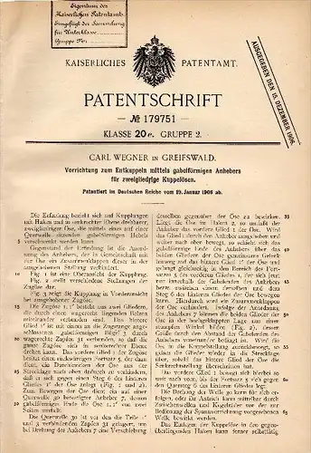 Original Patentschrift - Carl Wegner in Greifswald i. Mecklenburg , 1906 , Apparat zum Entkuppeln , Kupplung !!!