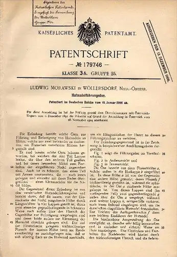 Original Patentschrift - Ludwig Morawski in Wöllersdorf , 1906 , Hutnadel - Führungsöse , Hüte , Steinabrückl !!!