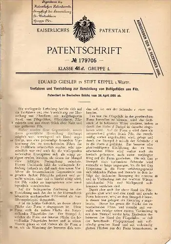 Original Patentschrift - E. Giesler in Stift Keppel b. Hilchenbach - Allenbach i. Westf., 1905 , Filz - Hohlgefäße !!!