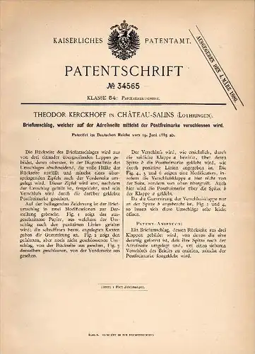 Original Patentschrift - Th. Kerckhoff dans Chateau - Salins , 1885 , Enveloppe avec postal - cachet de la poste !!!