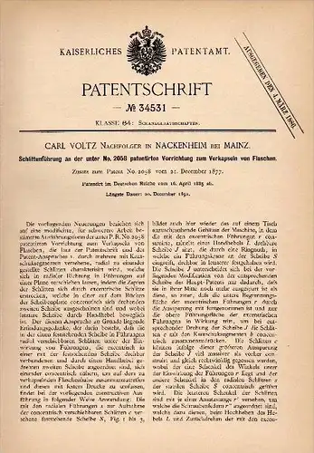 Original Patentschrift - Carl Voltz in Nackenheim b. Mainz , 1885 , Verkapseln von Flaschen , Kneipe , Bar !!!