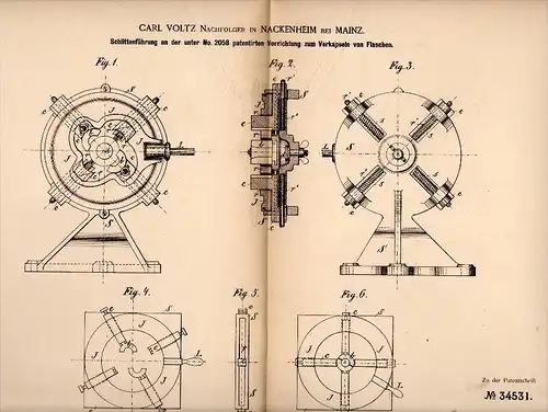 Original Patentschrift - Carl Voltz in Nackenheim b. Mainz , 1885 , Verkapseln von Flaschen , Kneipe , Bar !!!