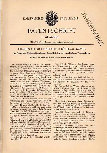 Original Patentschrift - C.E. Monceaux dans Béville le Comte , 1885 , Extraction de jus de sucre par diffusion !!!