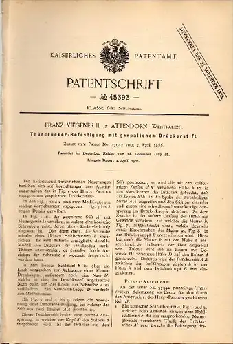 Original Patentschrift - Franz Viegener in Attendorn i. Westf., 1887, Türdrücker , Türen- und Fensterbau , Tür , Schloss