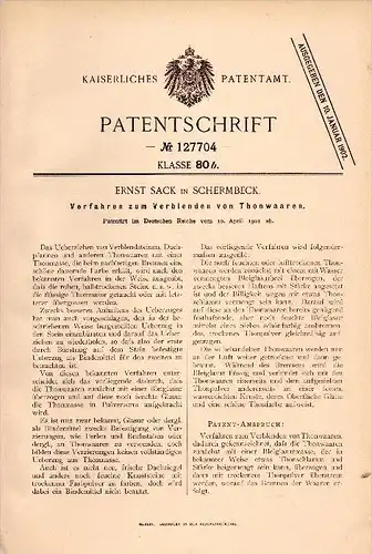 Original Patentschrift - Ernst Sack in Schermbeck , 1901 , Verblenden von Thonwaren , Thon , Dachziegel , Ziegelei !!!
