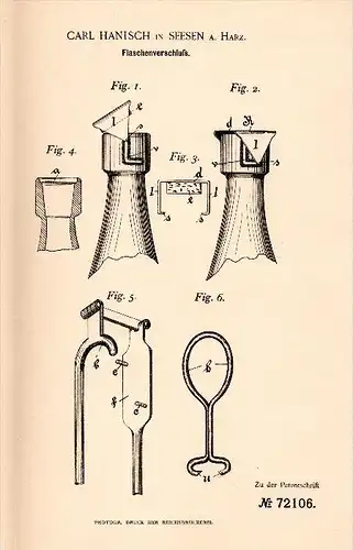 Original Patentschrift - Carl Hanisch in Seesen a. Harz , 1892 , Verschluß für Flaschen , Flasche , Goslar !!!