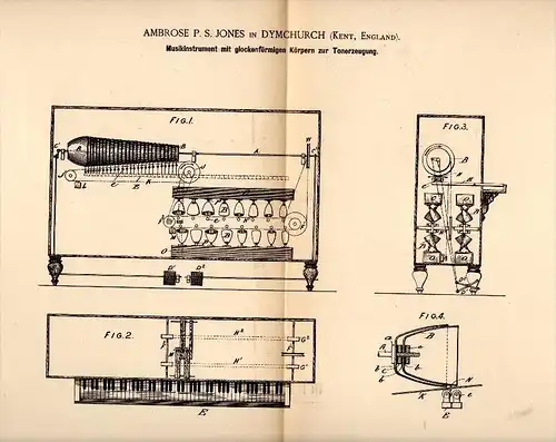 Original Patentschrift - P.S. Jones in Dymchurch , Kent , 1887 , Musical instrument with bells !!!