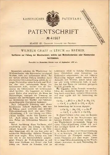 Original Patentschrift - Wilhelm Graff in Lesum b. Bremen , 1886 , Fällung von Wasser aus Woll - Wäscherei !!!