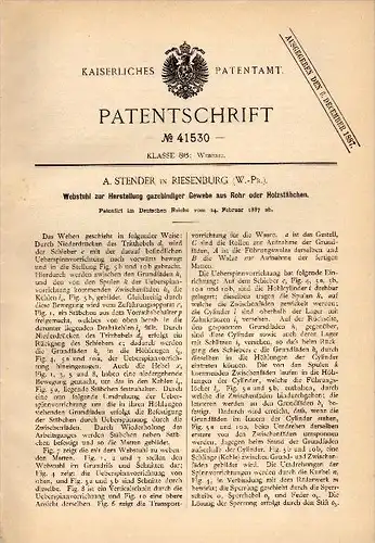 Original Patentschrift - A. Stender in Riesenburg / Prabuty in Westpr., 1887 , Webstuhl für Gewebe , Weberei , Preussen